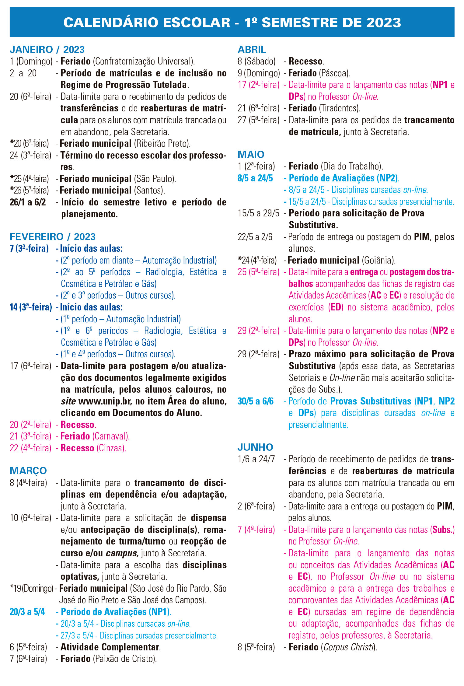 Calendário 2023/1 - De janeiro a junho de 2023