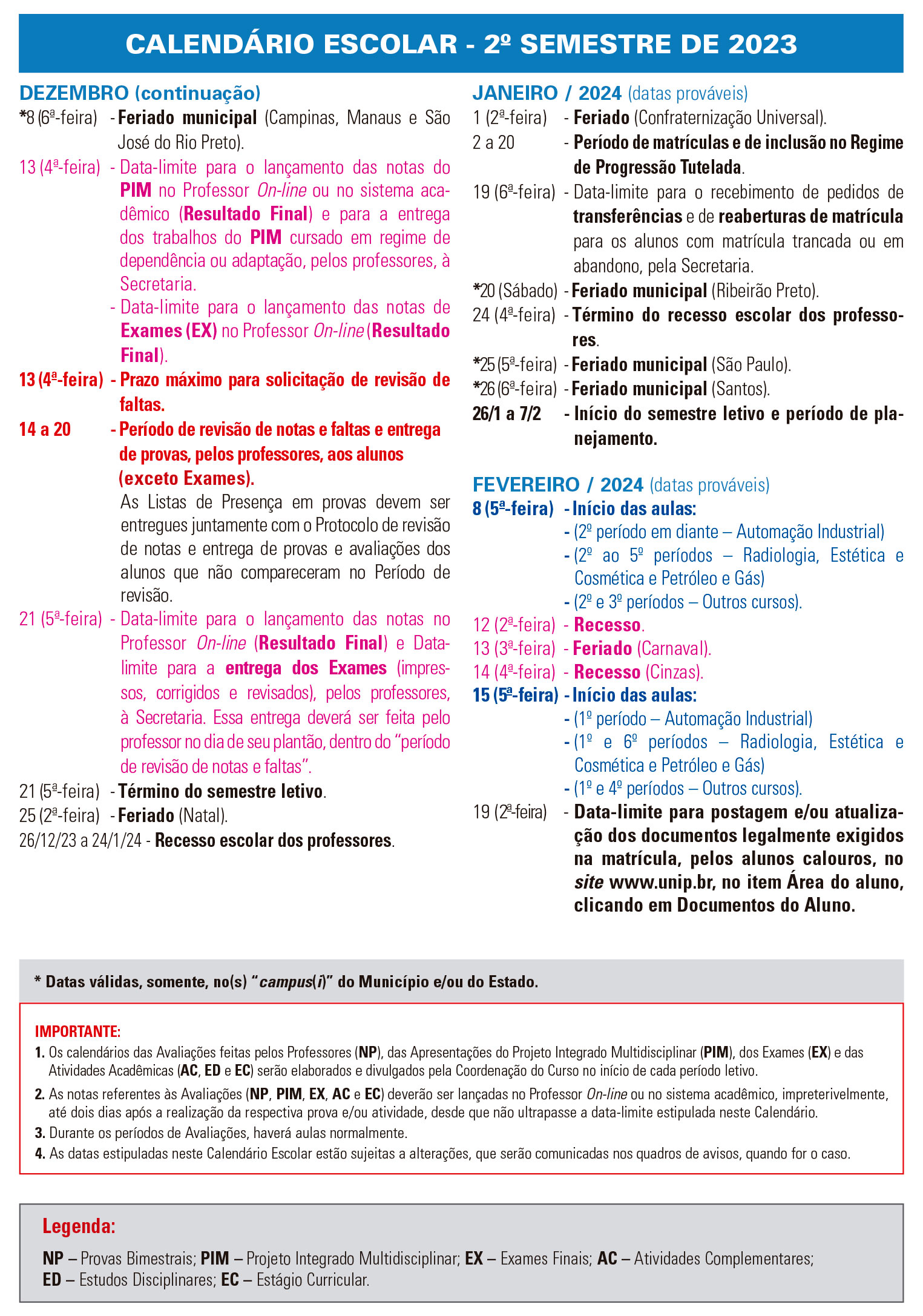Calendário 2023/2 - De dezembro de 2023 a fevereiro de 2023