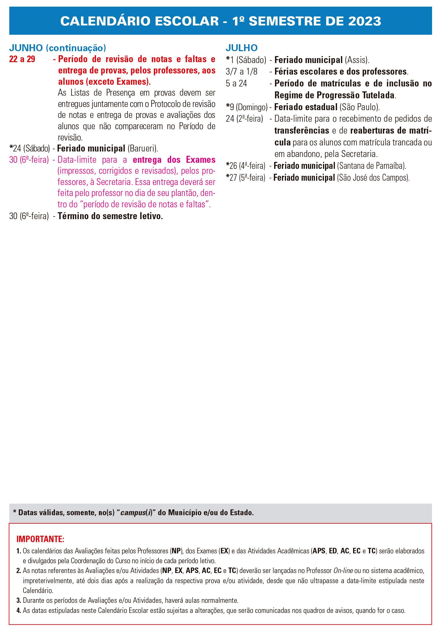 Calendário 2023/1 - De junho a julho de 2023